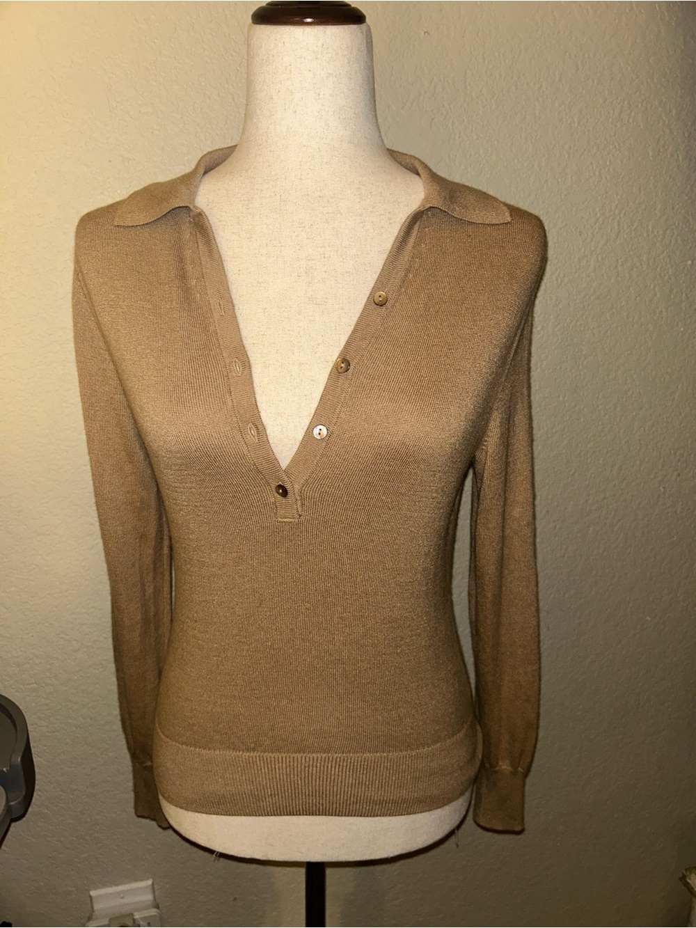 Brooks Brothers Silk & Cashmere Tan Polo-Style Knit Top